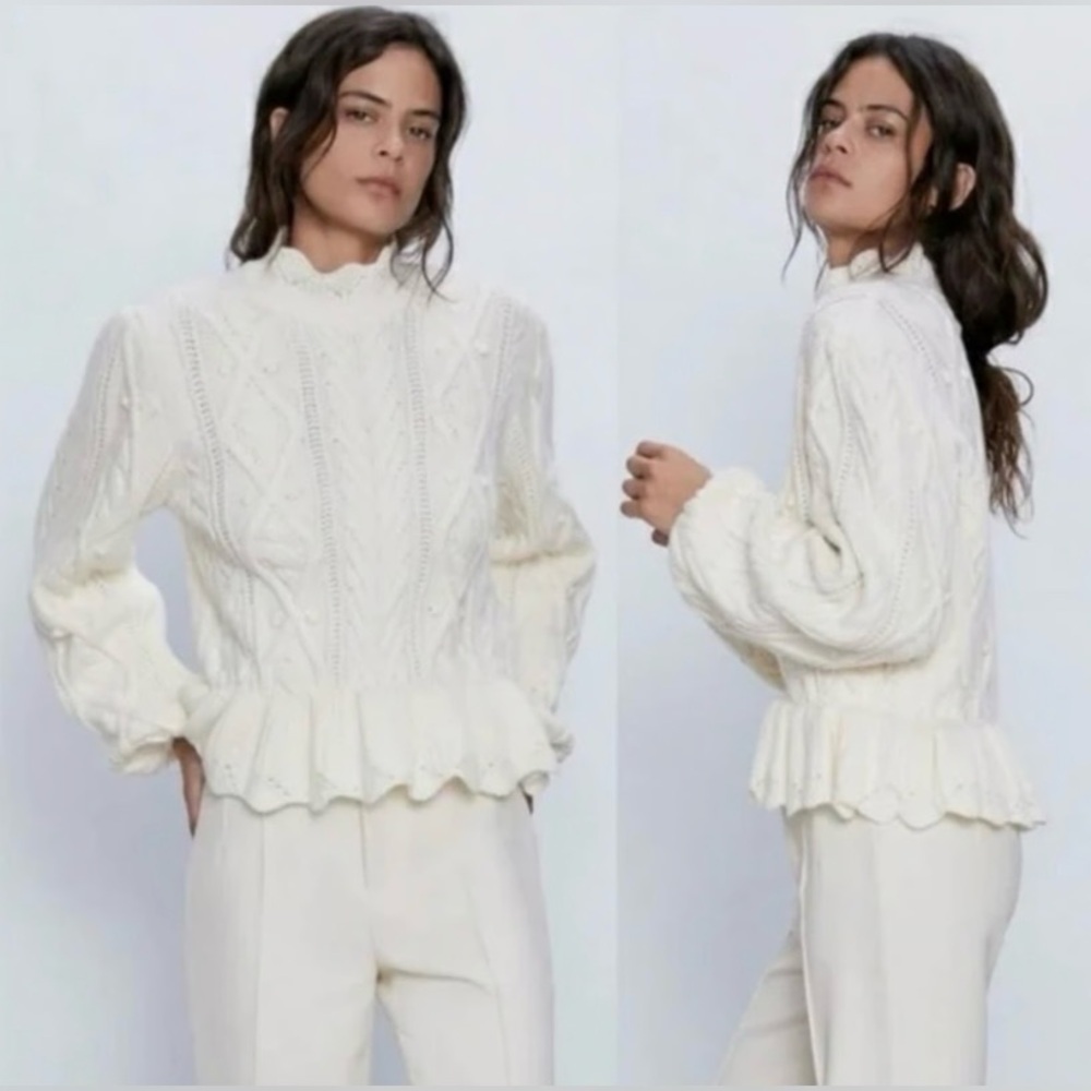NWOT Zara Wool Blend Peplum Cable Knit Warm High Neck Cream Sweater Size Medium - Picture 2 of 13